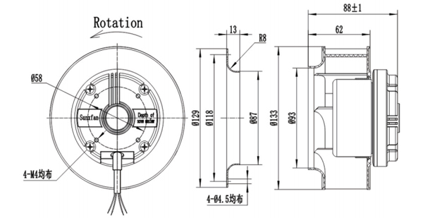 Dimension of Backward Curved Fan 2 Speeds Stages Φ 133 Dimension of Backward Curved Fan 2 Speeds Stages Φ 133