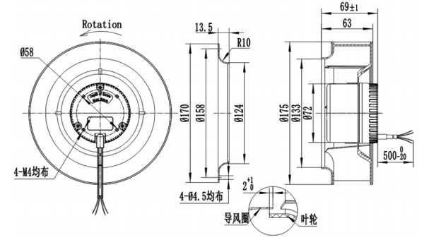 Dimension of BC175A-D72A Backward Curved Fan Φ 175-62 Dimension of BC175A-D72A Backward Curved Fan Φ 175-62
