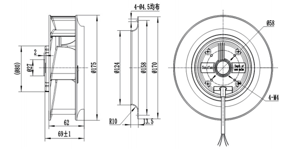 Dimension of BC175B-E072B3 Backward Curved Fan 2 Speeds Stages Φ 175 Dimension of BC175B-E072B3 Backward Curved Fan 2 Speeds Stages Φ 175