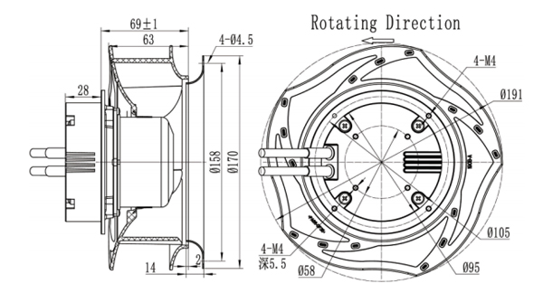 Dimension of BC190A-E072B3 Backward Curved Fan Φ 190-62