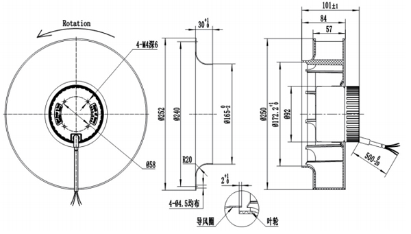 Dimension of BC250A-D092B Backward Curved Fan Φ 250-86